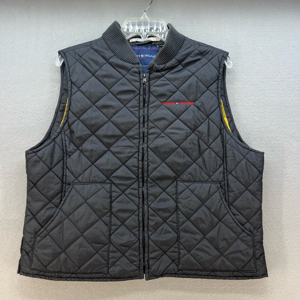 VTG Tommy Hilfiger Quilted Vest Women"s Size XL Black With Yellow Plaid Lining - Picture 1 of 13